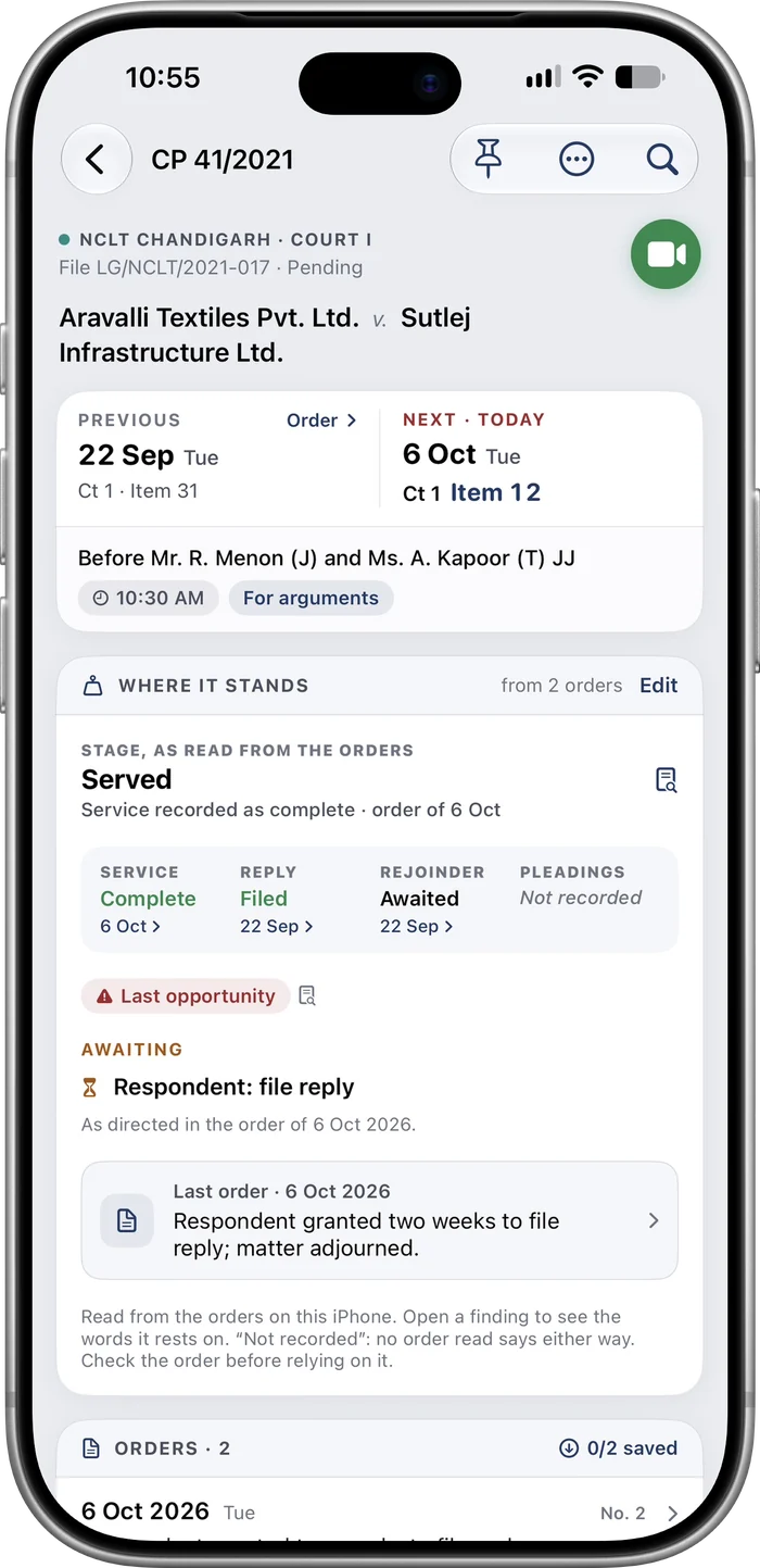 A case in the app, showing its previous and next dates and the stage read from its orders.