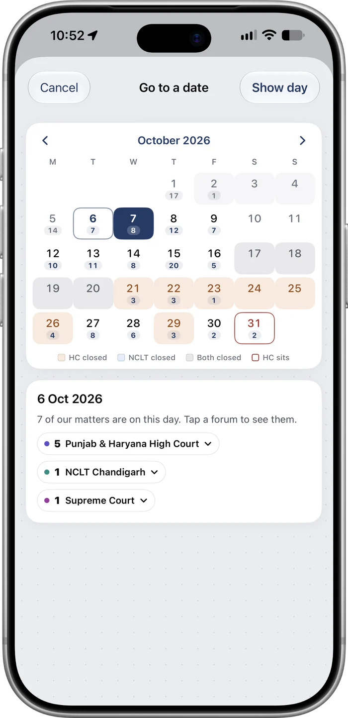 A month in the app, with the number of matters on each date and court holidays shaded.