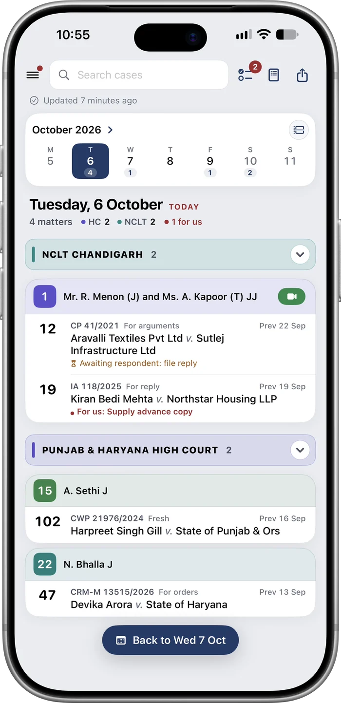 The Cause Diary app showing the same four matters for Tuesday, 6 October, grouped by court.